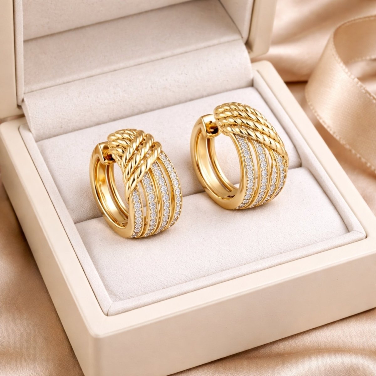 The Kouvr Kalista twisted rope diamond hoop earrings presented inside a luxurious cream-colored jewelry box with a satin ribbon nearby.
 