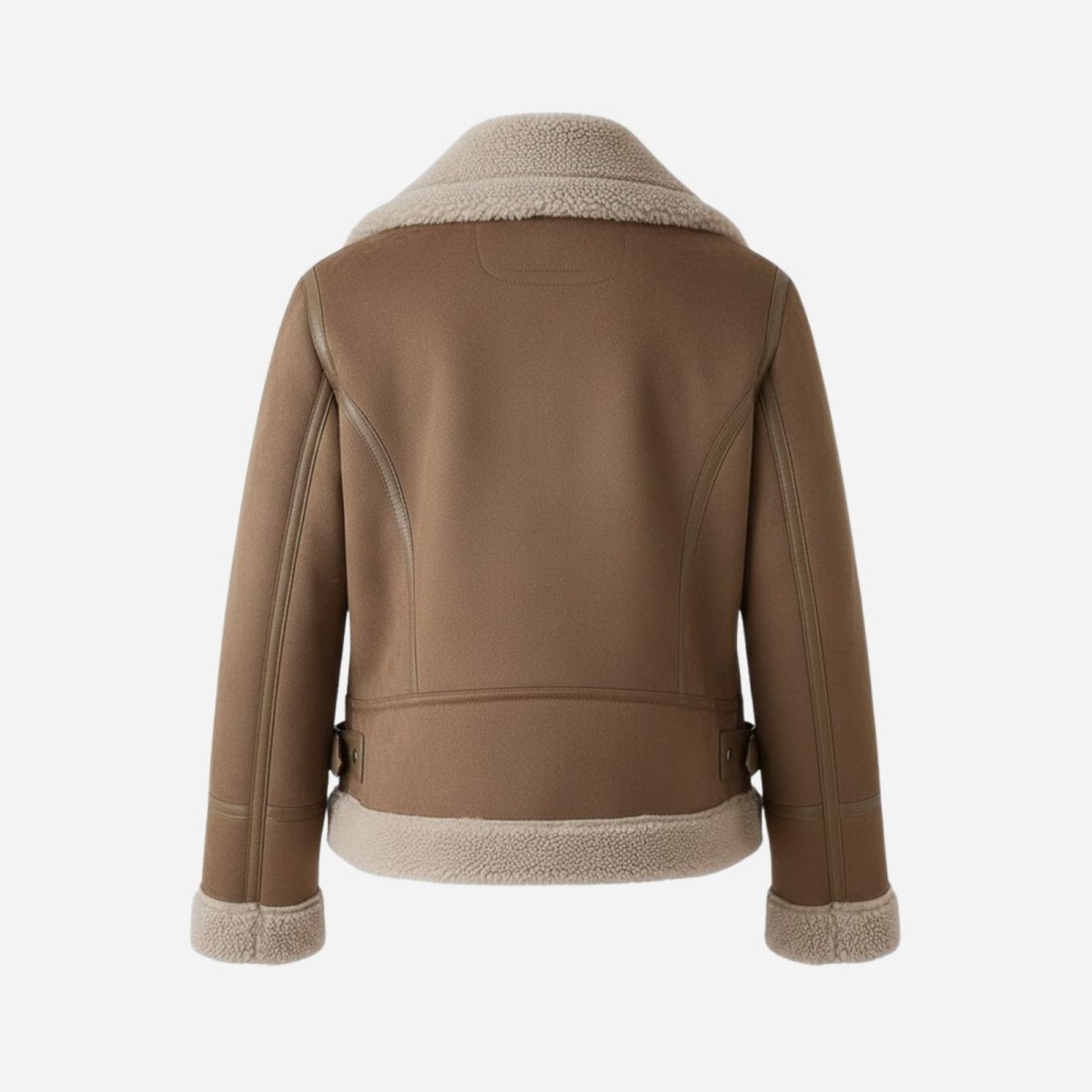Back view product-only flat lay of the Kouvr khaki faux suede jacket, showing the clean lines and hem details.