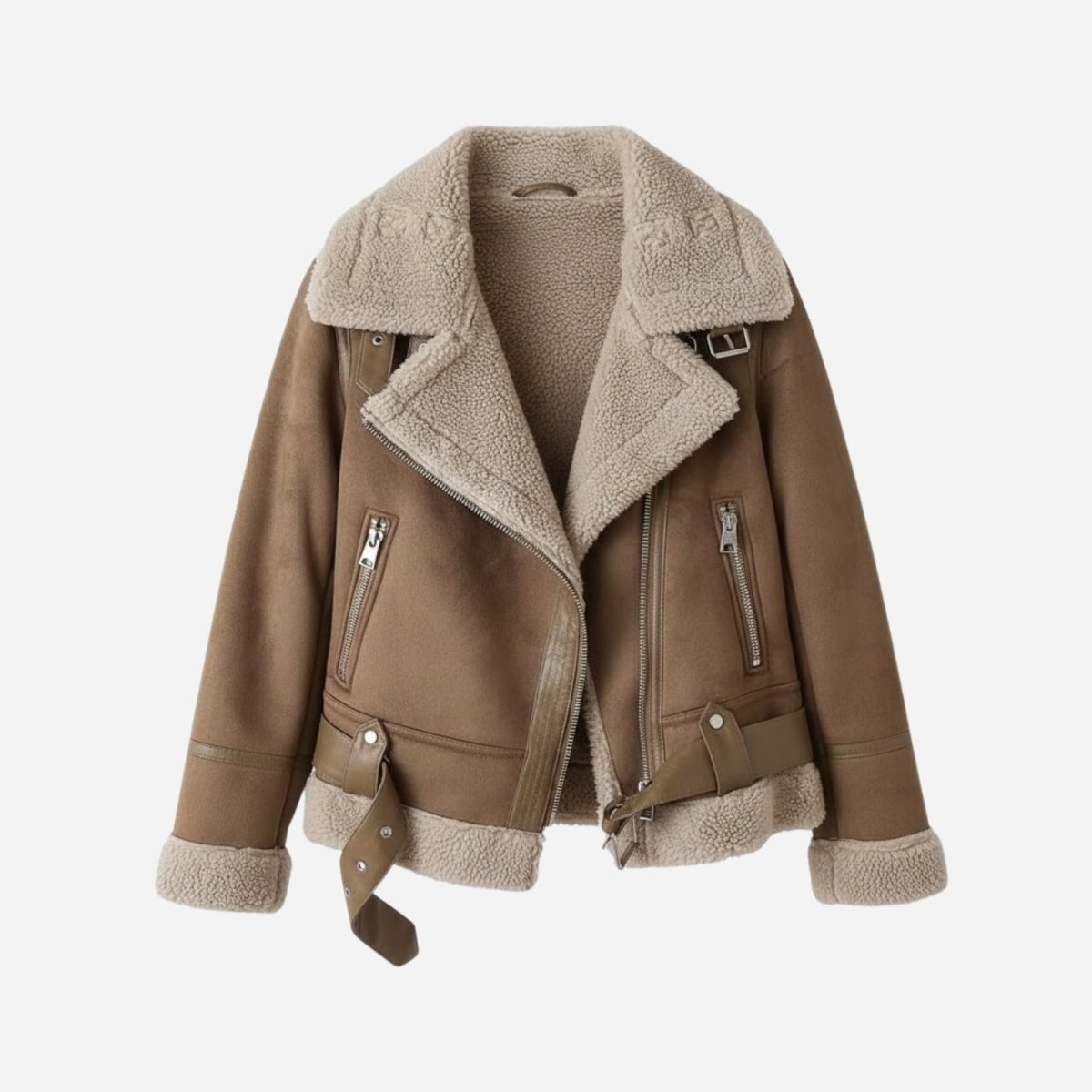Product-only flat lay of the Kouvr khaki aviator jacket, open to display the full interior sherpa lining and hardware details.