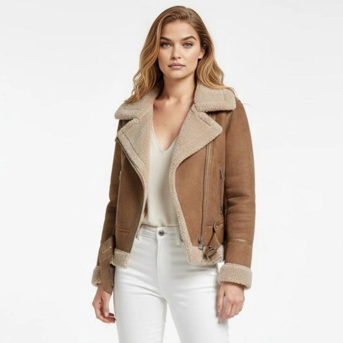 Model wearing the Kouvr khaki faux suede shearling aviator moto jacket paired with white jeans, showing the front view and fit.
