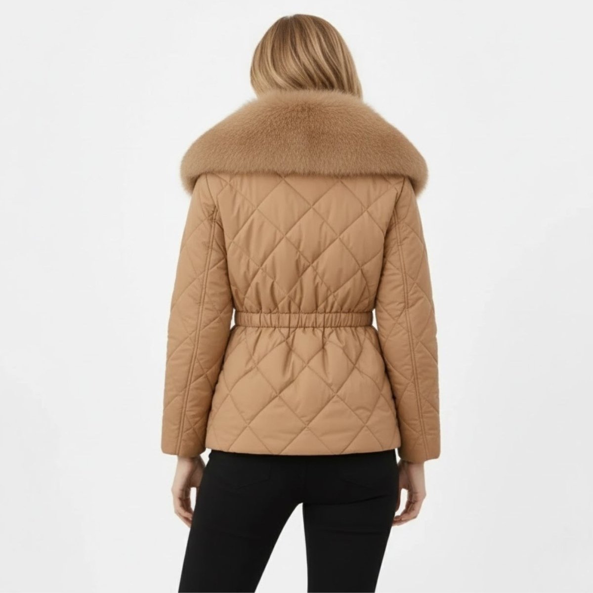 Back view of the Kouvr Kayla short puffer coat in light brown, showcasing the elasticated cinched waist detail.