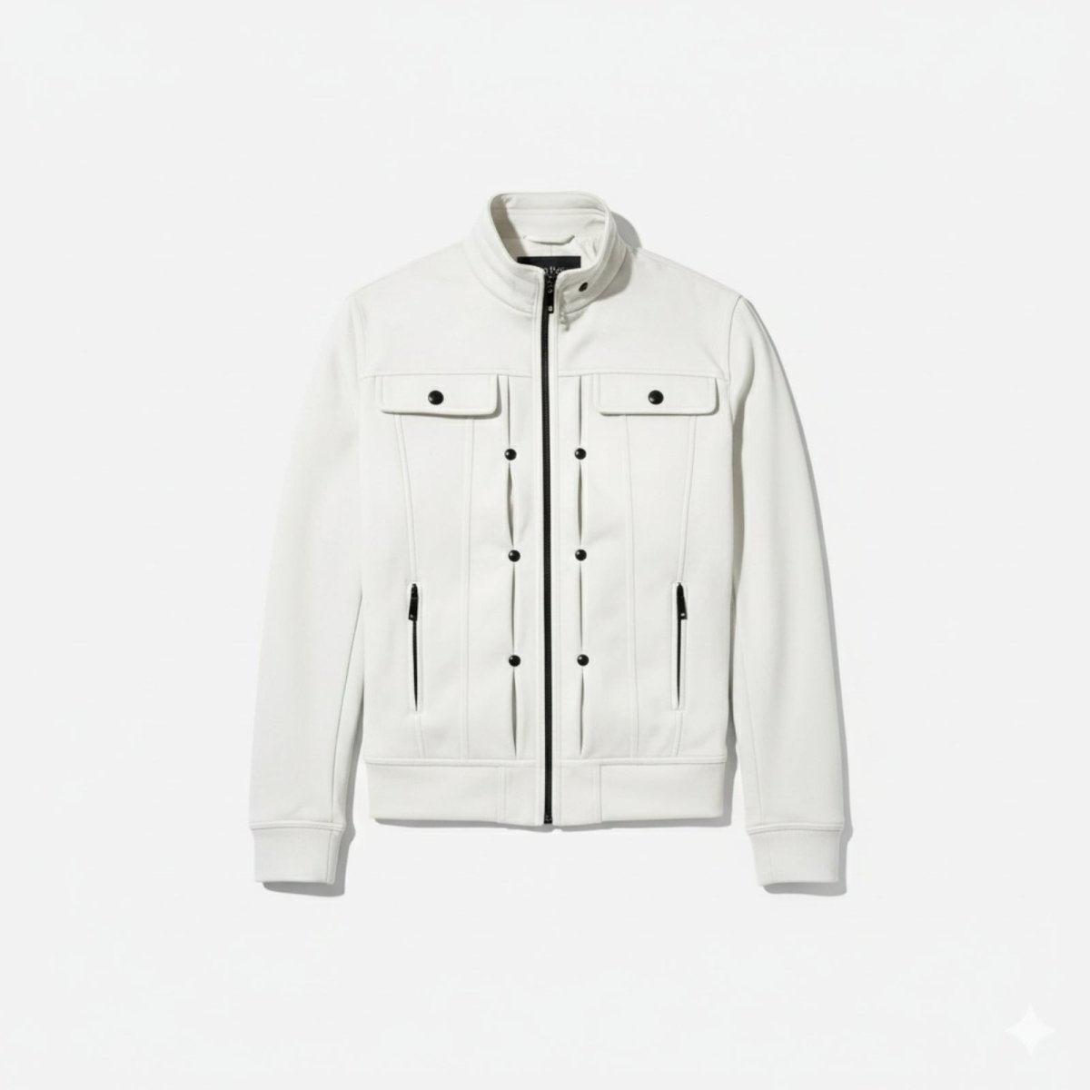 Flat lay photo of the Kouvr Kent white jacket for men, showing all details including chest pockets, vertical zip pockets, and black hardware.

