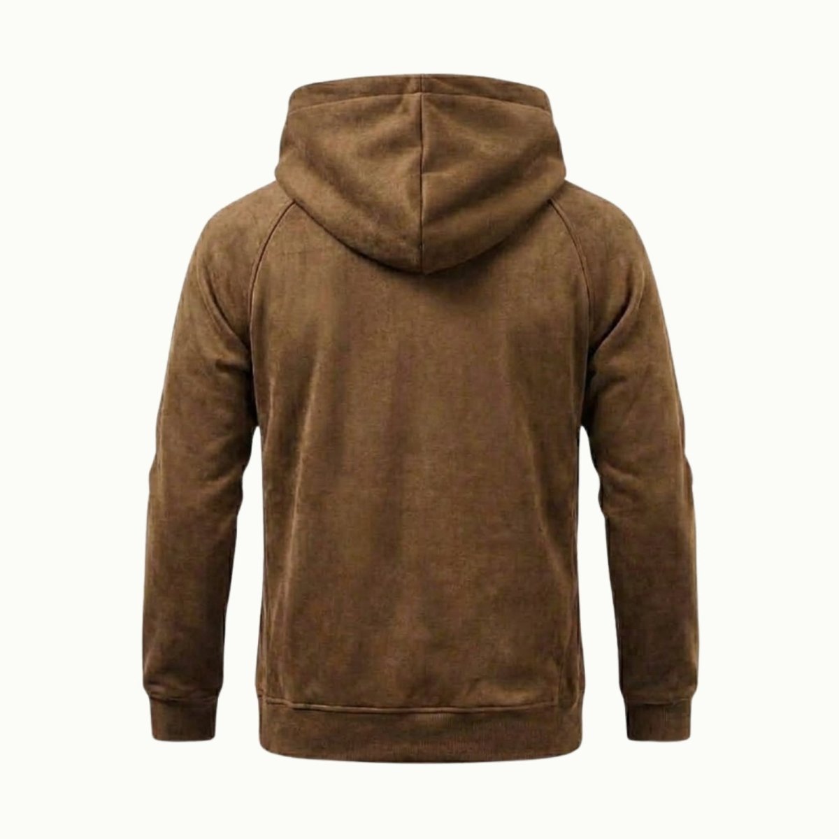 Back view of the Kouvr khaki suede hoodie showing the raglan sleeve construction and hood detail.