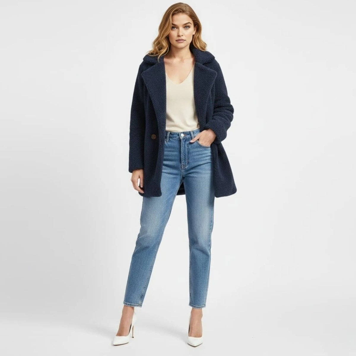 Model wearing the Kouvr Kianna navy blue teddy coat styled with light wash jeans and white heels, showing its mid-thigh length and oversized fit. 