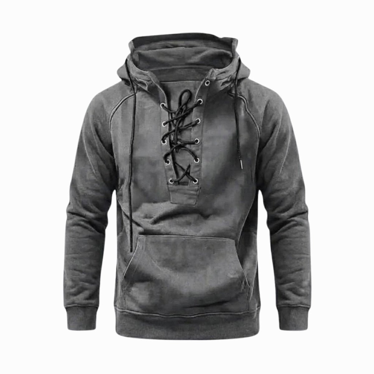 Product-only shot of the Kouvr grey lace-up cannon hoodie laid flat on a white background.