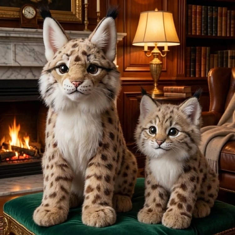 A large 14-inch and small 10-inch Kouvr realistic lynx stuffed animal sitting together in a luxury room.