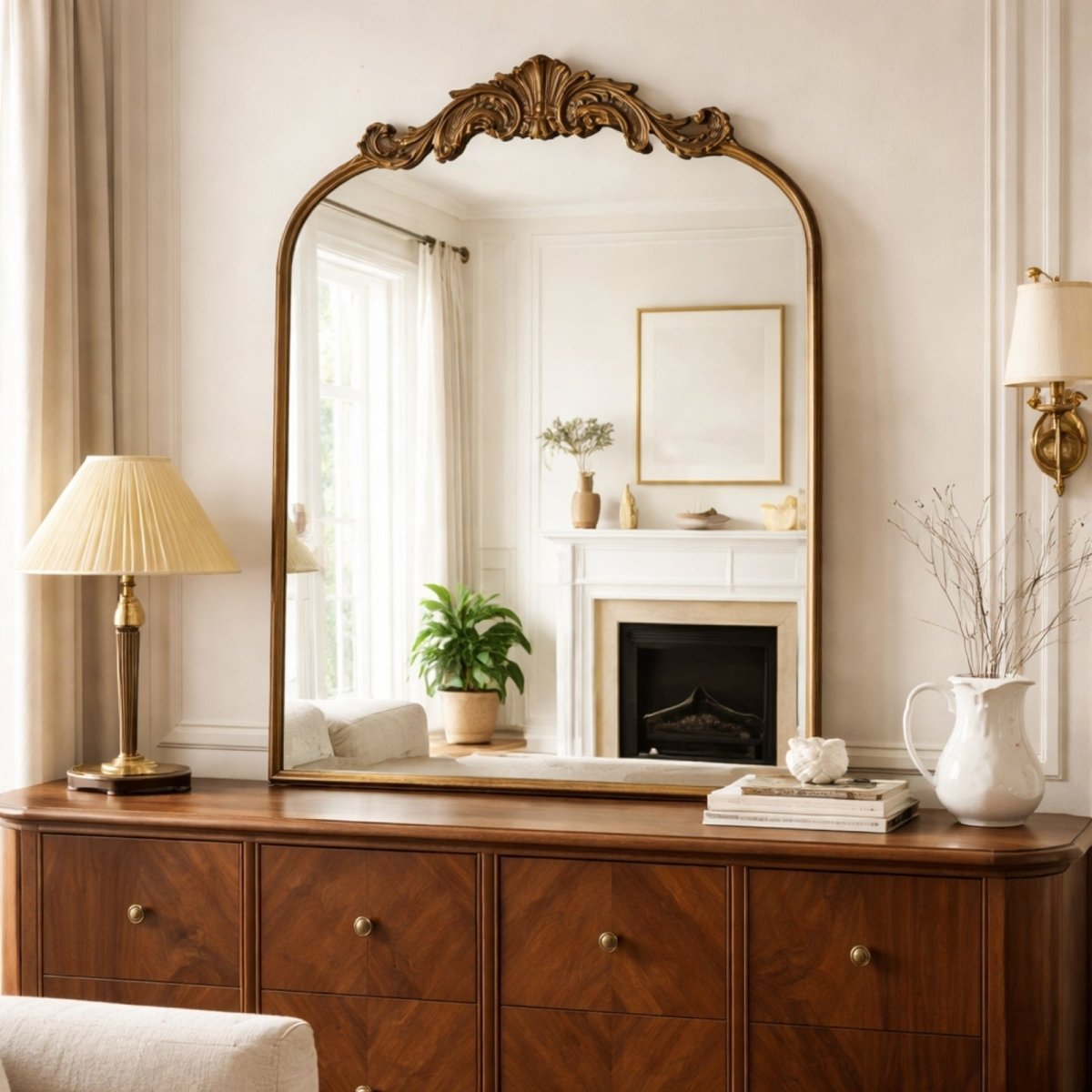 Full view of the Aveline arched mirror leaning against a wall in a cozy neutral bedroom next to a white armchair.