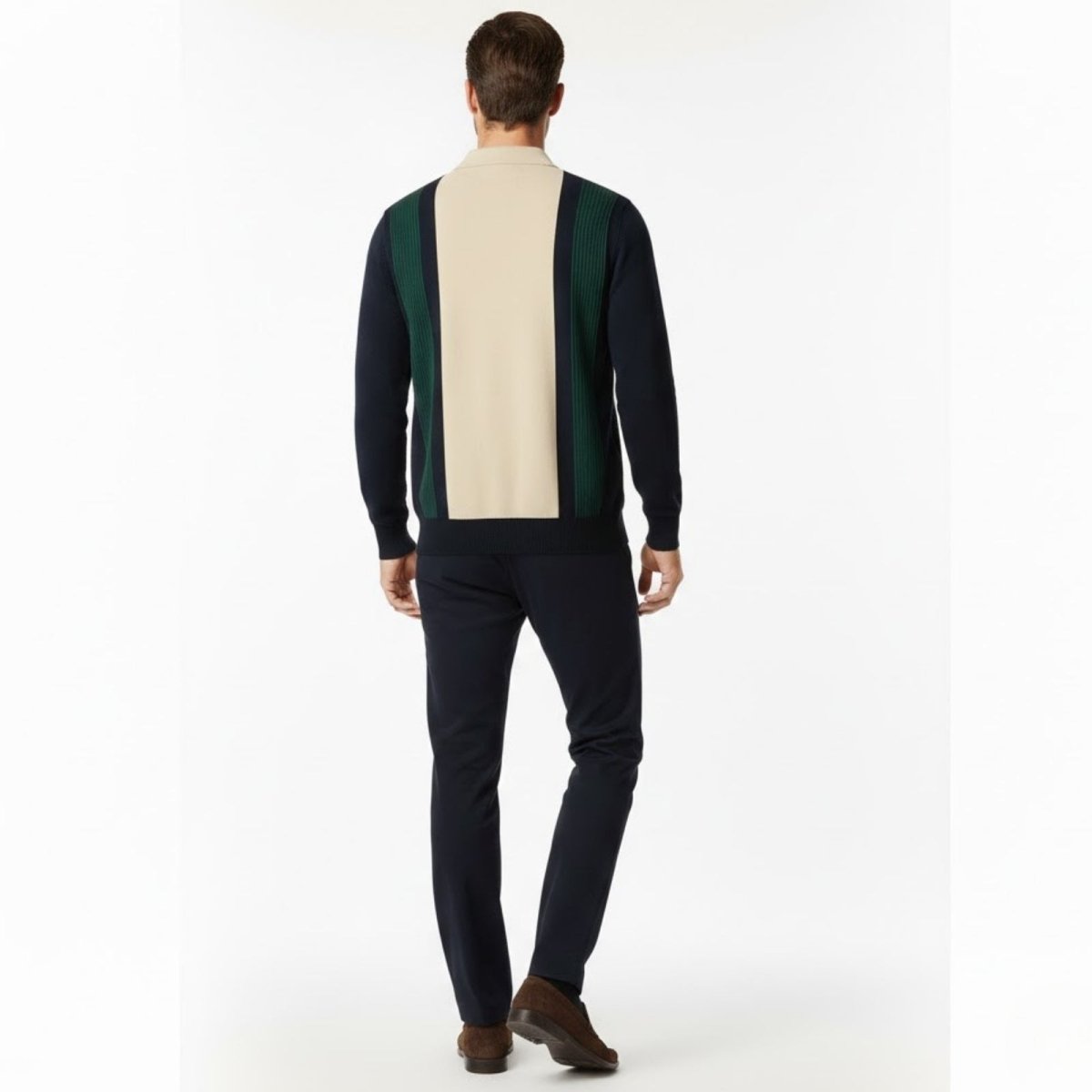 Back view of the Kouvr Leandro men's polo sweater highlighting the continuous colorblock design.