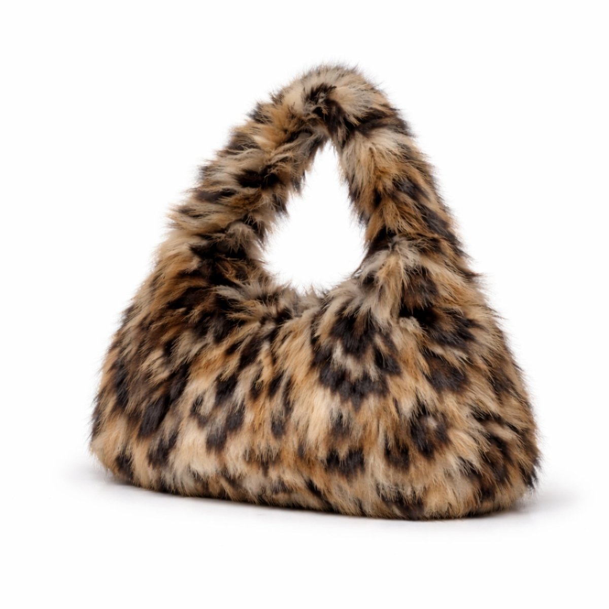 The Kouvr Lenora leopard print faux fur shoulder bag with an integrated handle, shown on a clean white background. 