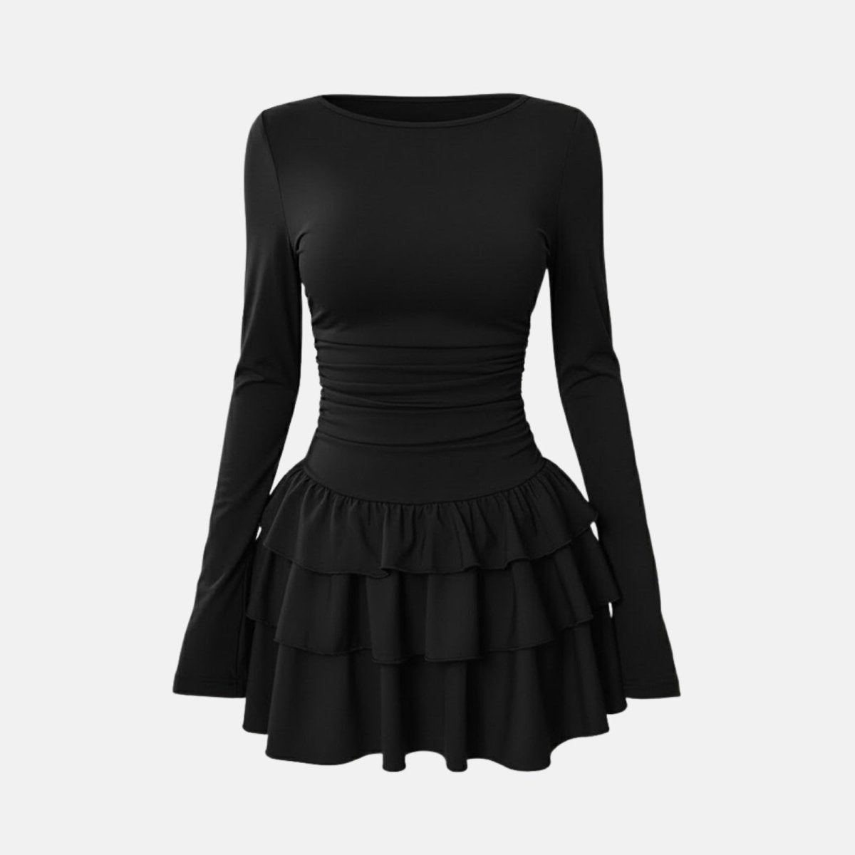 Flatlay of the Kouvr Leona black tiered ruffle mini dress showing ruched waist detail from the front.
