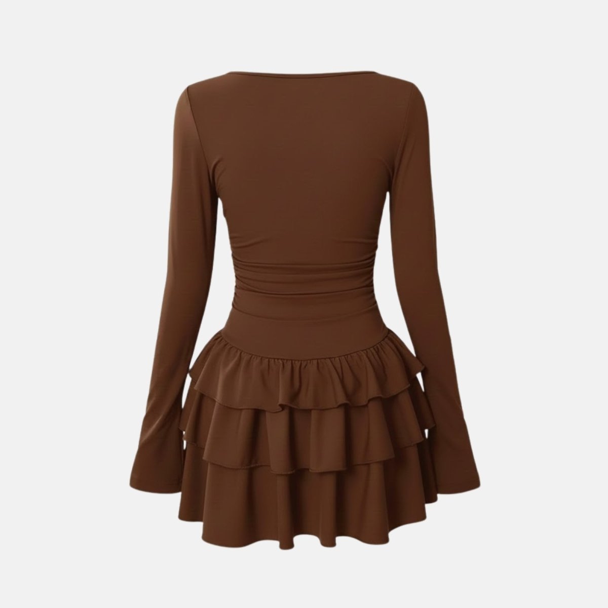 Flatlay product shot showing the back and ruched waist detail of the brown Kouvr Leona dress.