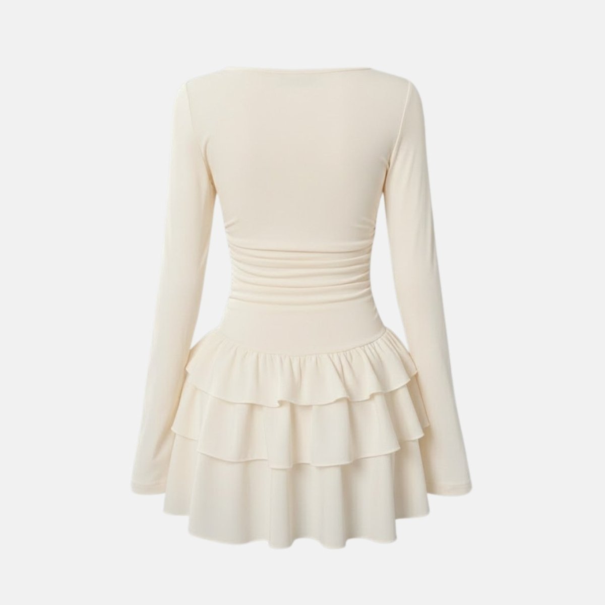 Back view flatlay of the Kouvr Leona cream long sleeve mini dress.