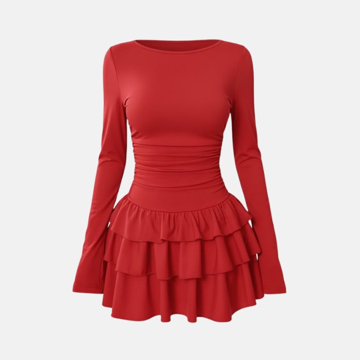 Product-only ghost mannequin shot of a long-sleeve red ruffle dress with ruched waist, front view.