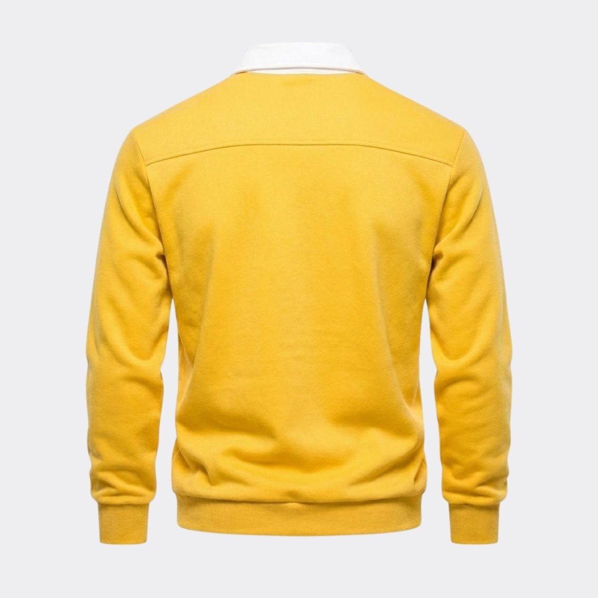 Back view flat lay of a men's yellow knit sweater showing the horizontal yoke seam detail and ribbed hem.