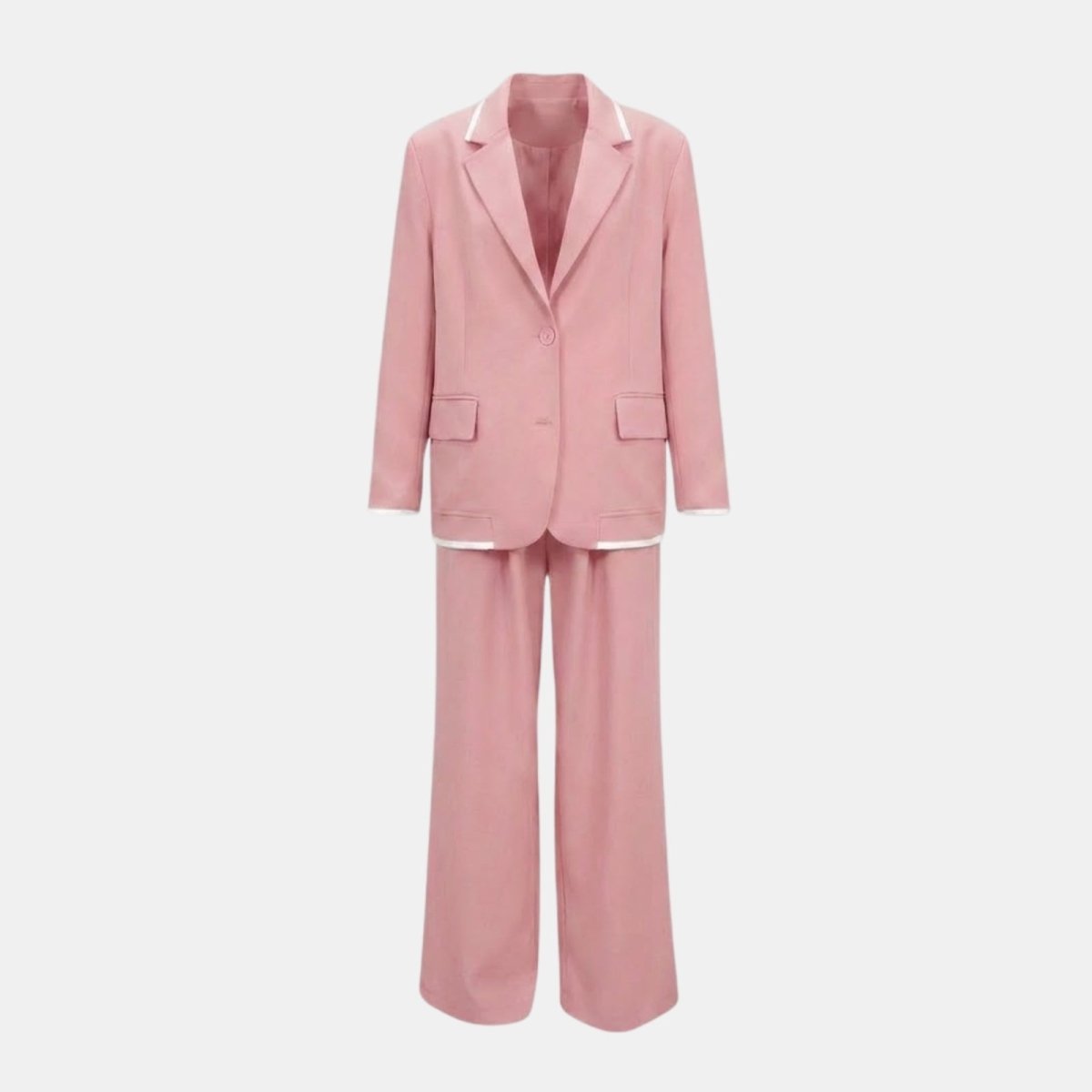 Flat lay of a women's professional pink suit, including the blazer and wide-leg trousers, showing the white piping detail on the lapels, pockets, and cuffs.