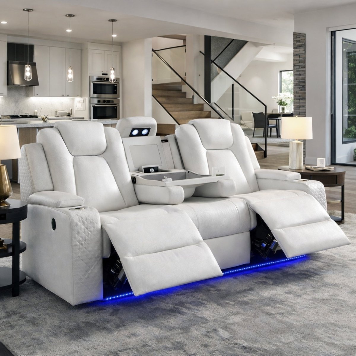 Front view of white leather power reclining loveseat with center console open, showing drop-down table and blue LED base lighting.
 