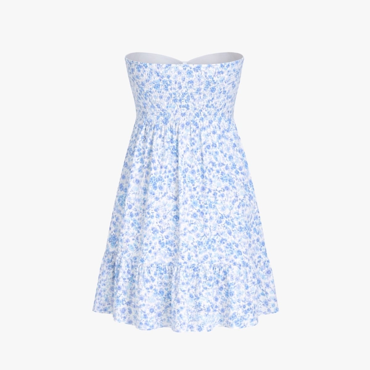 Product-only shot of the back of the Melanie blue floral mini dress, highlighting the smocked bodice detail.