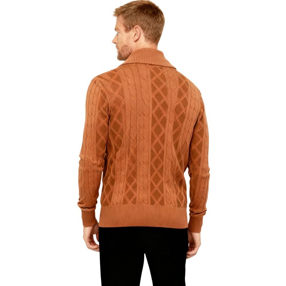 Man wearing a brown kouvr  cable knit sweater on a white background