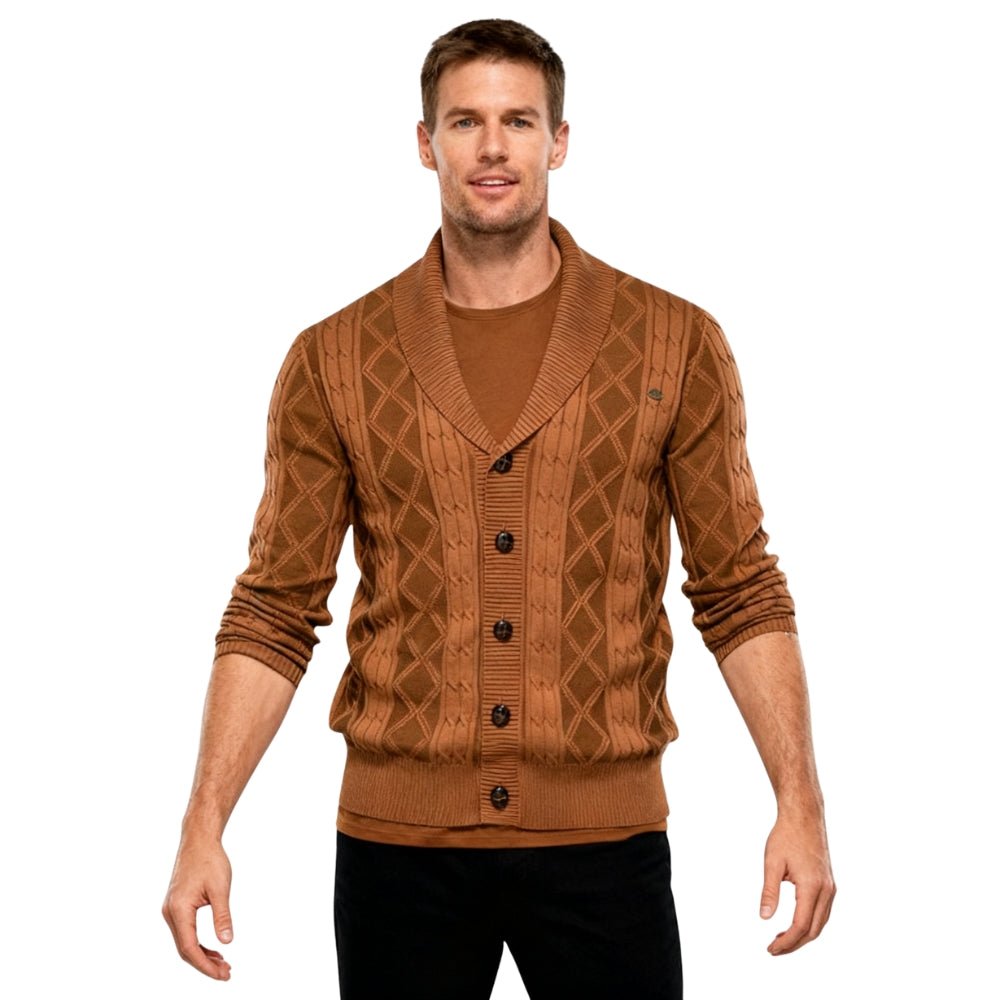 Man wearing a brown kouvr   patterned cardigan on a white background