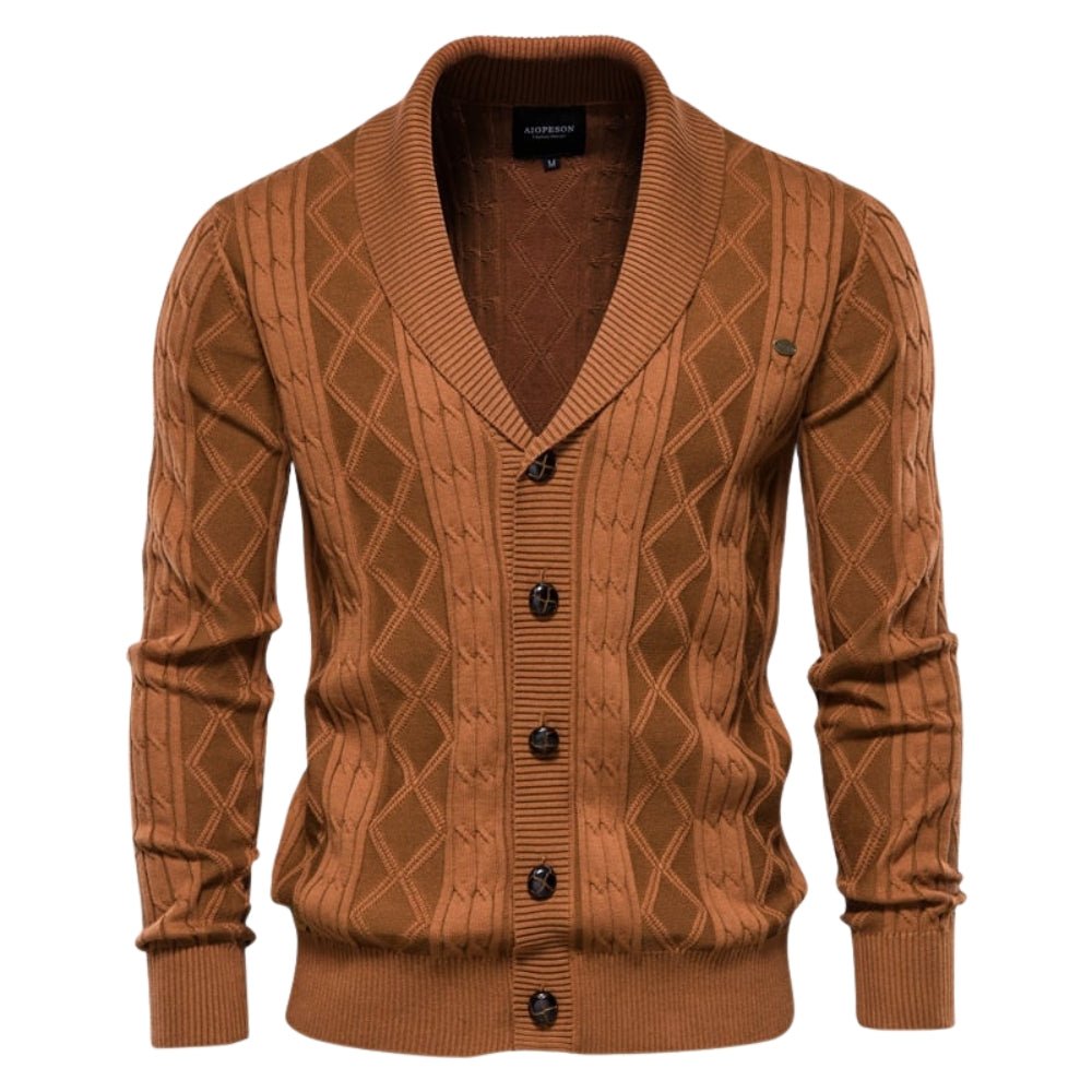 Brown kouvr  cable knit cardigan with buttons on a white background