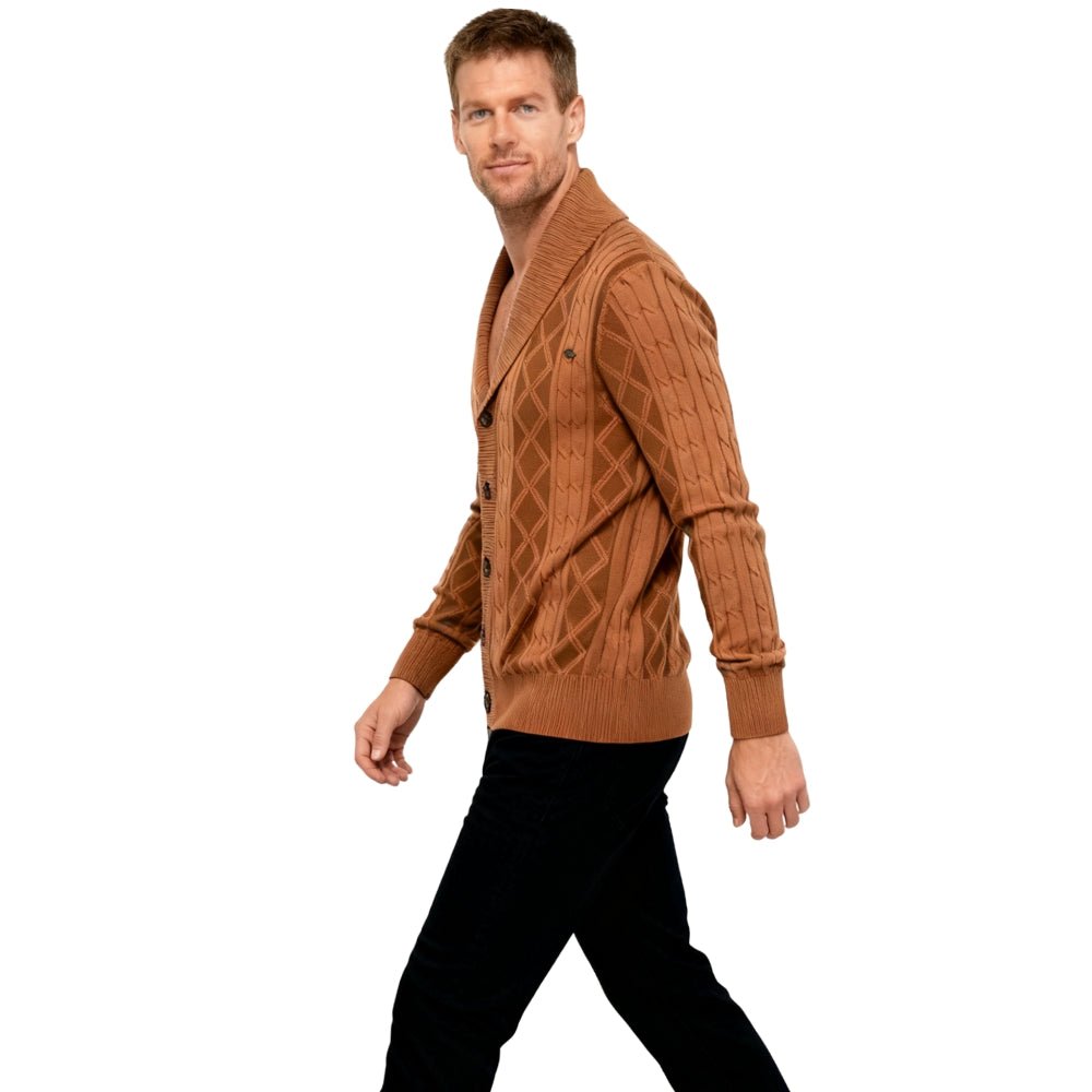 Man wearing a brown kouvr  knitted cardigan on a white background