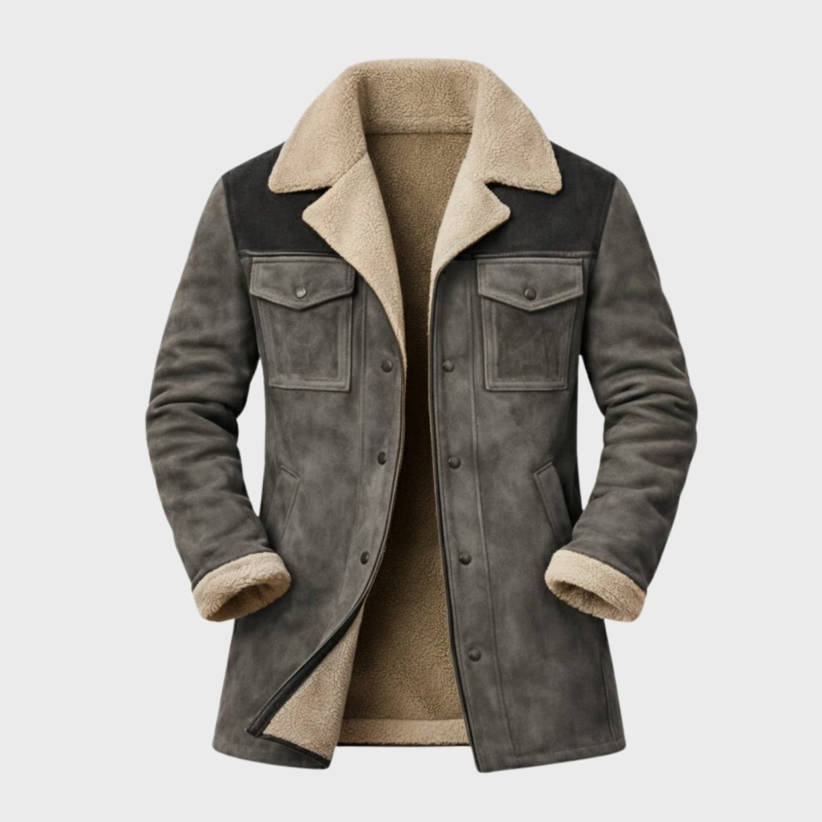 Flat lay of the Kouvr men's grey suede jacket open, displaying the full plush beige sherpa lining, zip detail, and front chest pockets.
