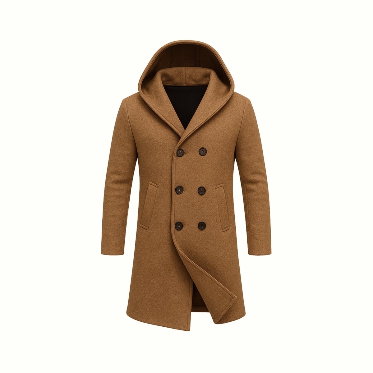 Flatlay product shot of the khaki double-breasted hooded wool overcoat for men, styled with one side open to show the interior. 