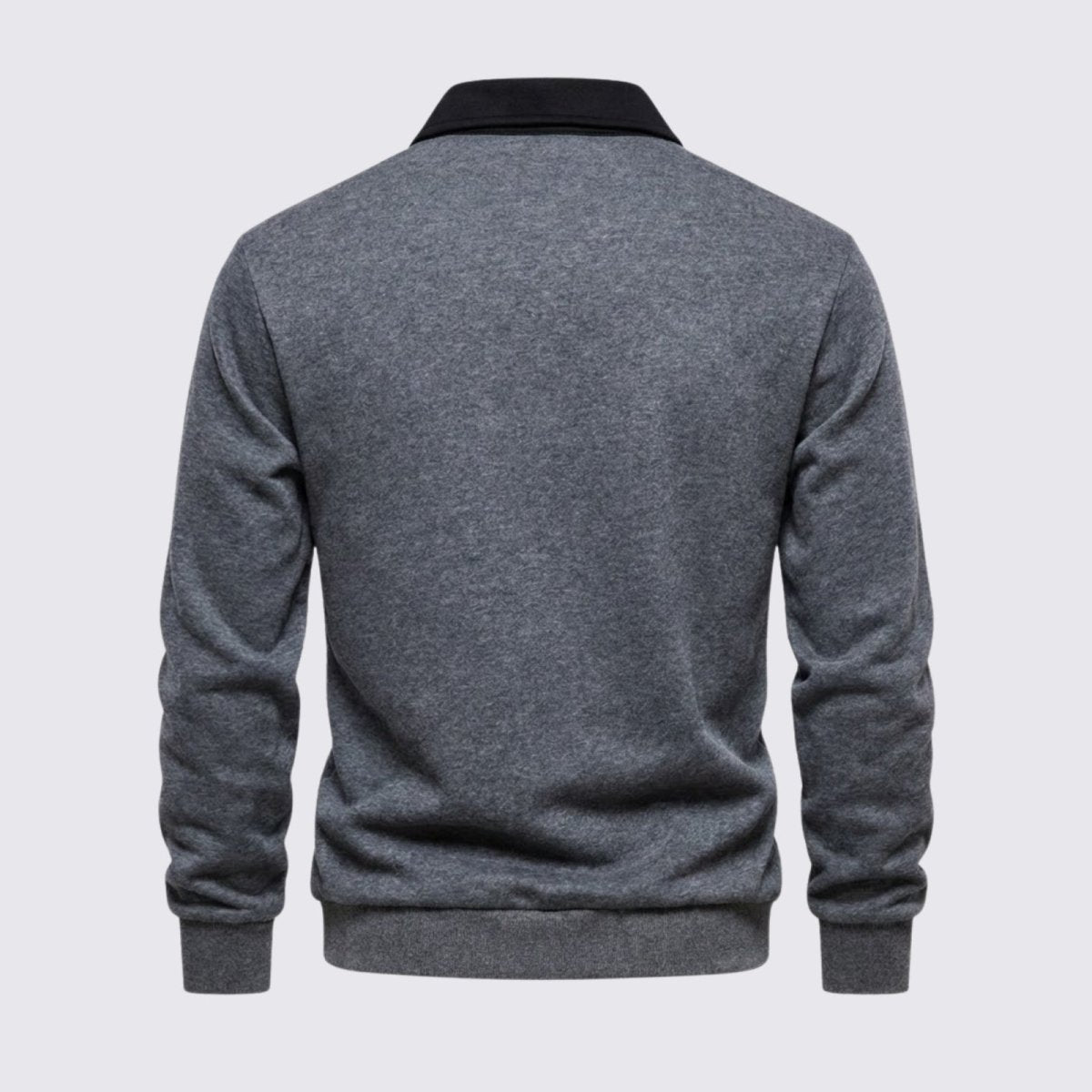 Back view of the Kouvr men's heather dark grey merino wool polo sweater demonstrating the clean drape and fit.