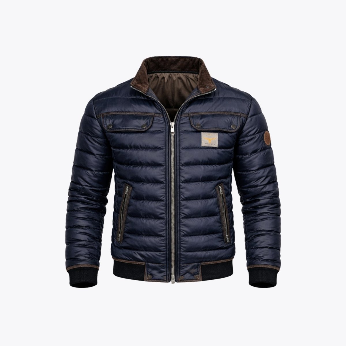 Flat lay front view of the Kouvr men's navy blue padded jacket showing dual chest pockets and full metal zipper.