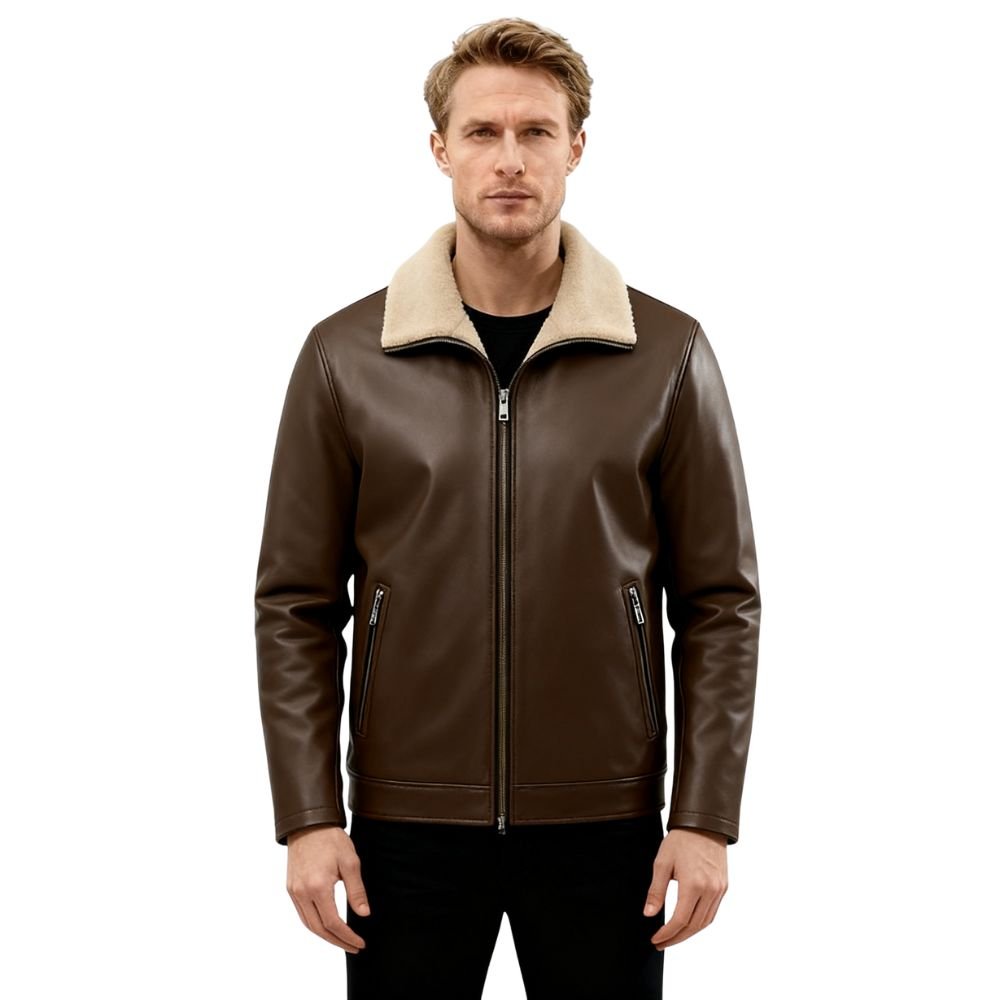Man wearing a dark brown kouvr leather jacket with beige collar on a white background