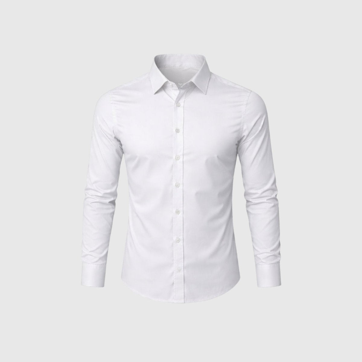 Front flat lay view of Kouvr men's tailored white button-down dress shirt with classic spread collar