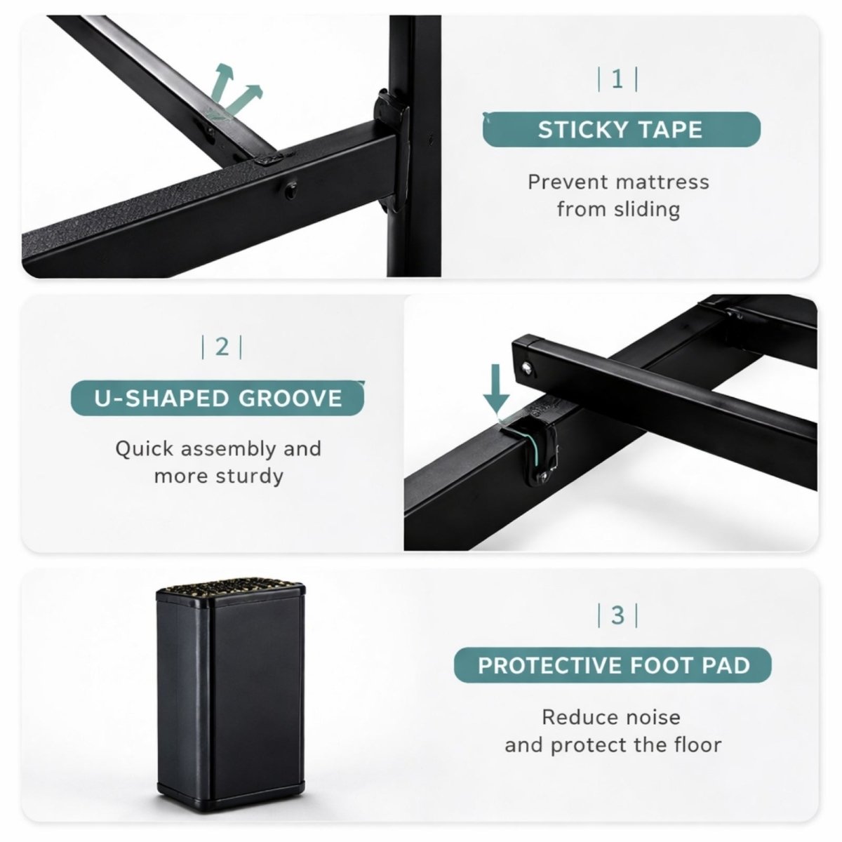 Feature callouts for the Kouvr bed frame, including sticky tape to prevent mattress sliding, a U-shaped groove for sturdy assembly, and protective foot pads.