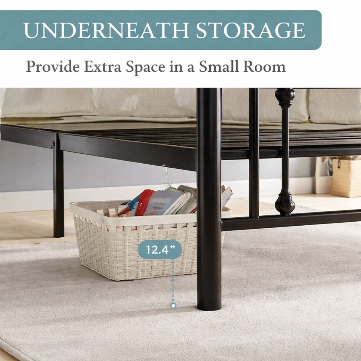Close-up view of the 12.4-inch under-bed storage clearance on the Kouvr metal bed frame, with a storage basket placed underneath. 