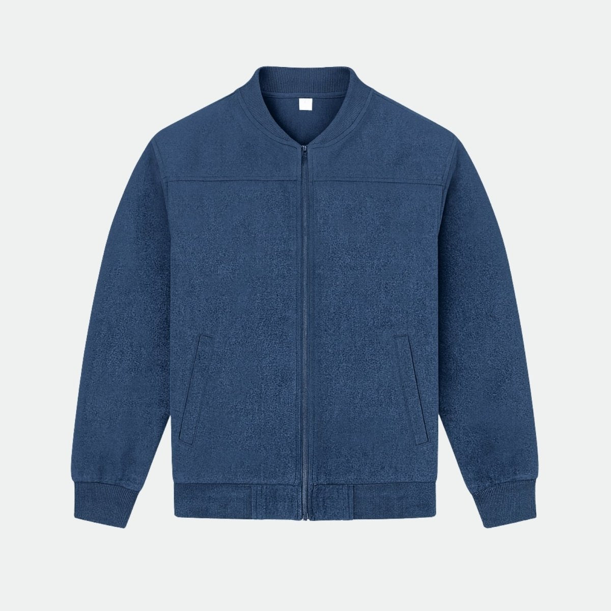 Slate blue men's luxury suede bomber jacket from Kouvr Fashion, shown flat with a focus on the fabric texture and zip-up front.