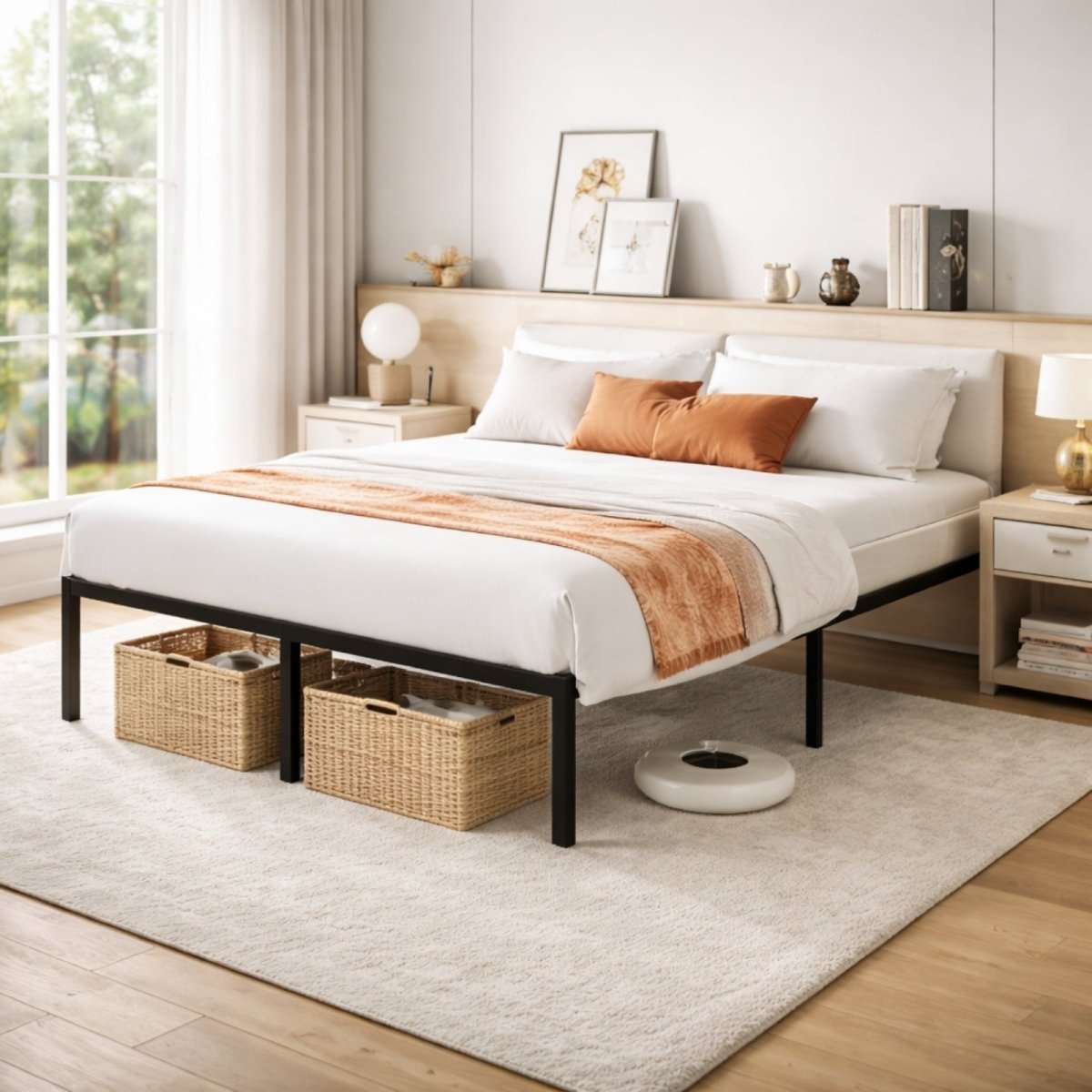 Kouvr black metal platform bed frame styled in a bright minimalist bedroom with wicker storage baskets underneath.