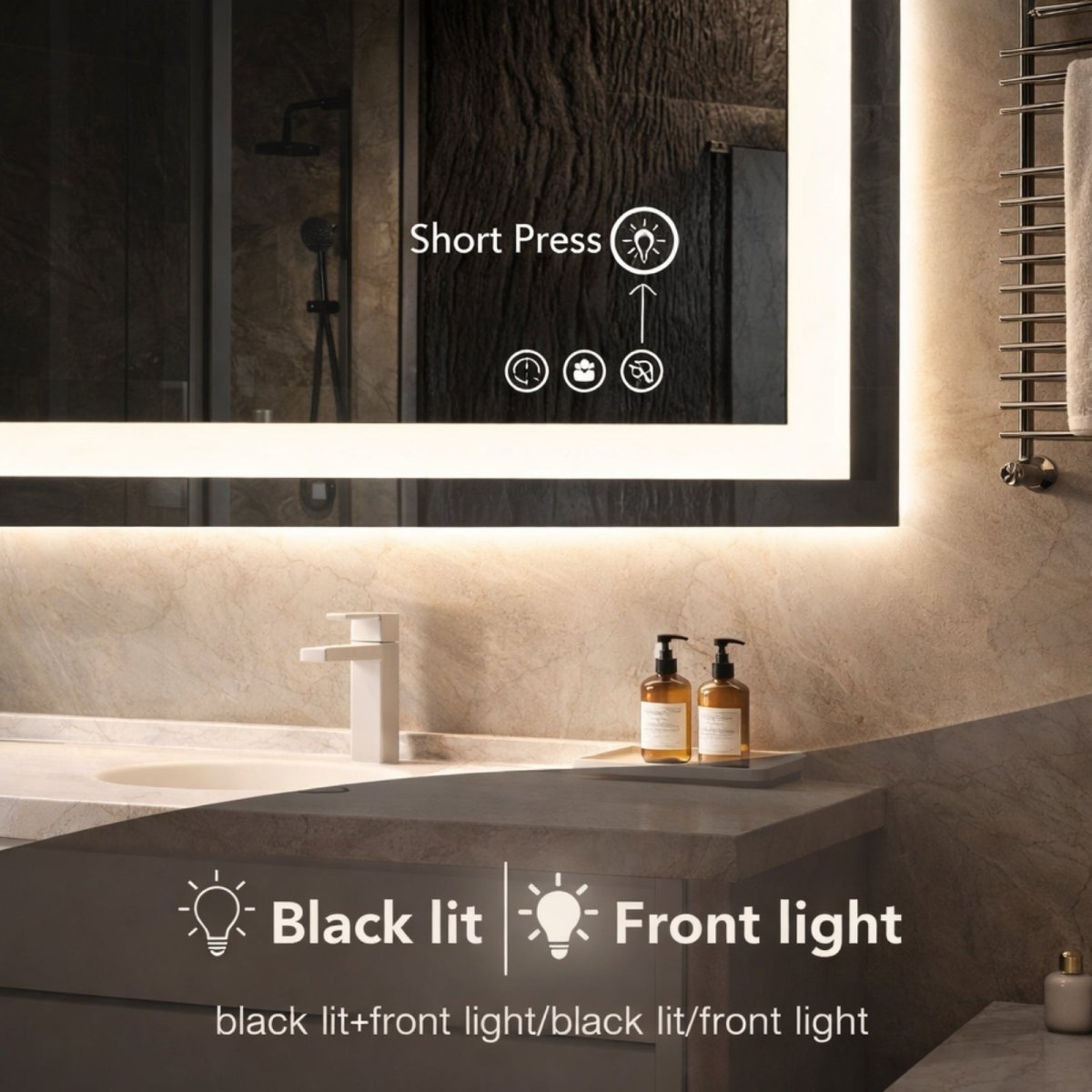 Detail shot showing the smart touch controls on the Kouvr mirror, with icons for power, anti-fog, and options to switch between front light, back light, or both.
