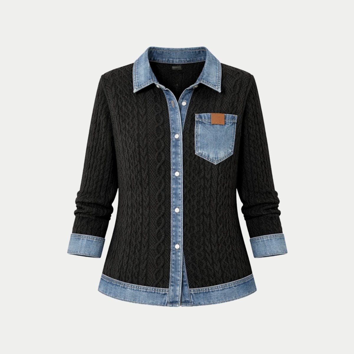  Front view of the Kouvr mixed media black cable knit and denim shacket on a white background.
