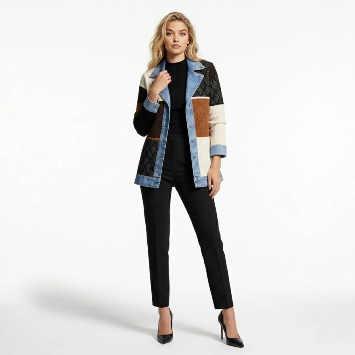 Front view of model wearing Kouvr affordable luxury patchwork denim and knit colorblock cardigan jacket with black trousers.
