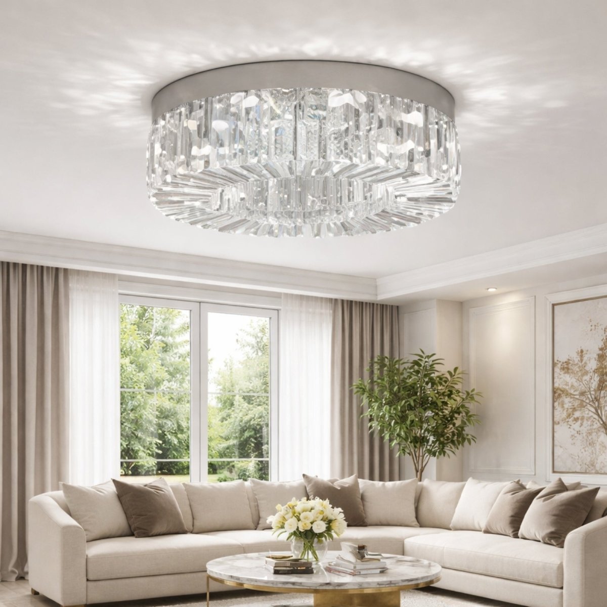 Chrome finish round crystal ceiling light fixture showing intricate prism details and cool white LED lighting effect.
