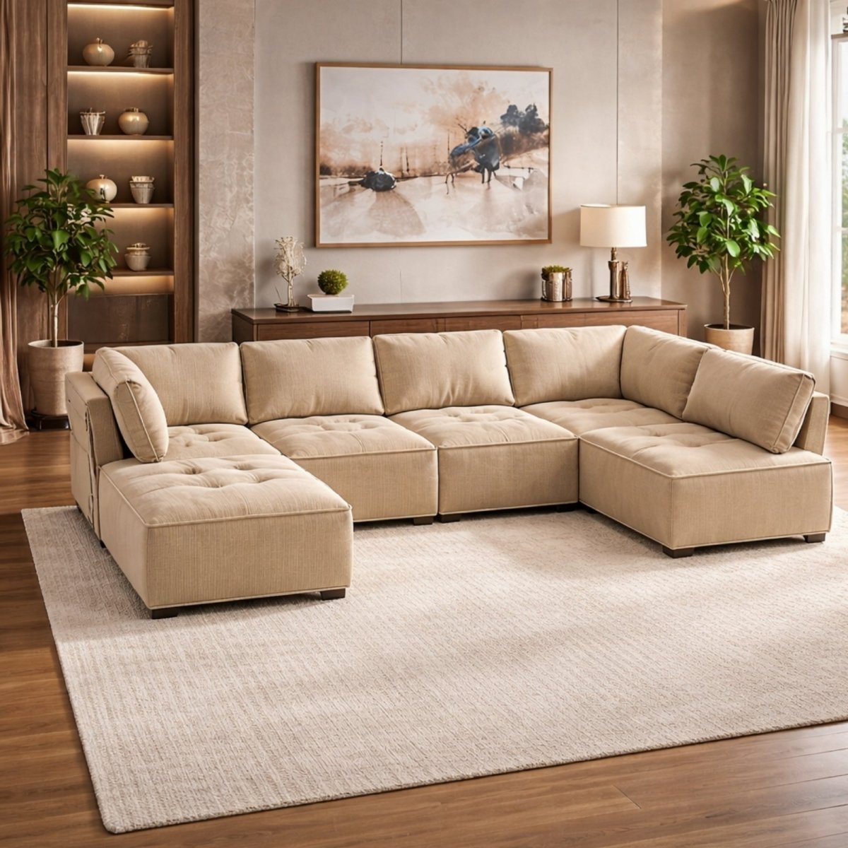 Technical dimension diagram of the Kouvr modular sectional showing 121.5 inch total width, 62.2 inch chaise depth, and individual seat measurements.