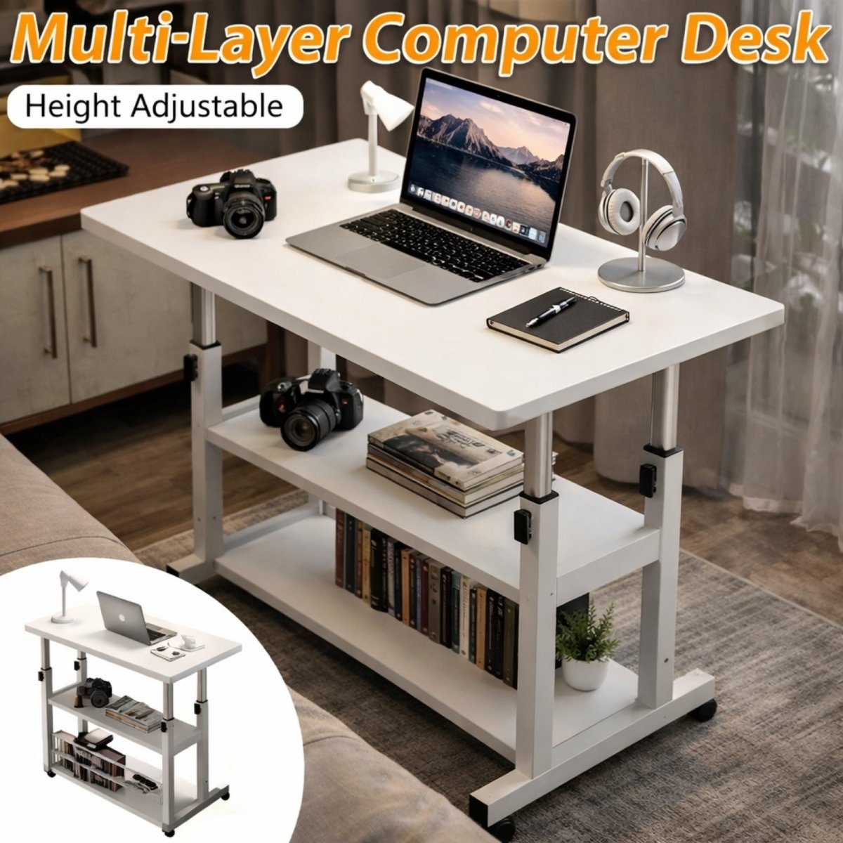 A white multi-layer computer desk with height adjustment, shown in a home office setting with a laptop, headphones, and cameras on its surfaces.