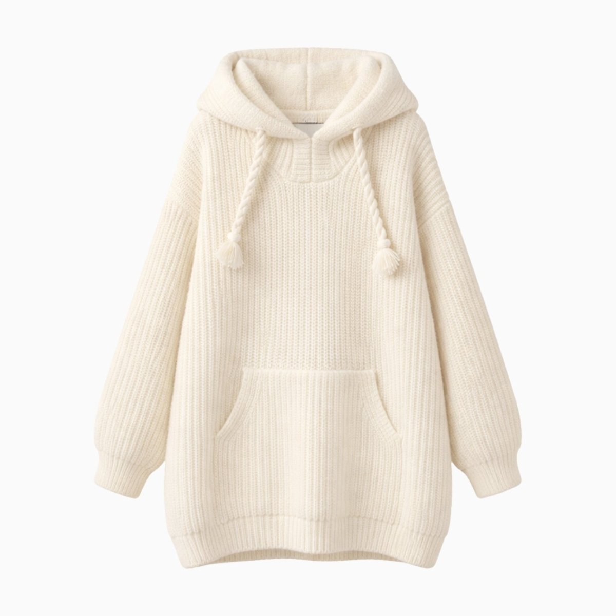 Flatlay product shot of the Kouvr Nadya oversized off white knit hoodie showing the kangaroo pocket and pom-pom drawstrings. 