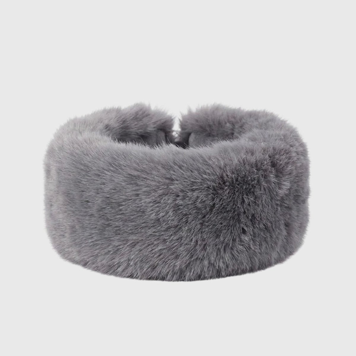 Product-only shot of the Kouvr Nancie soft grey faux fur headband on a white background.