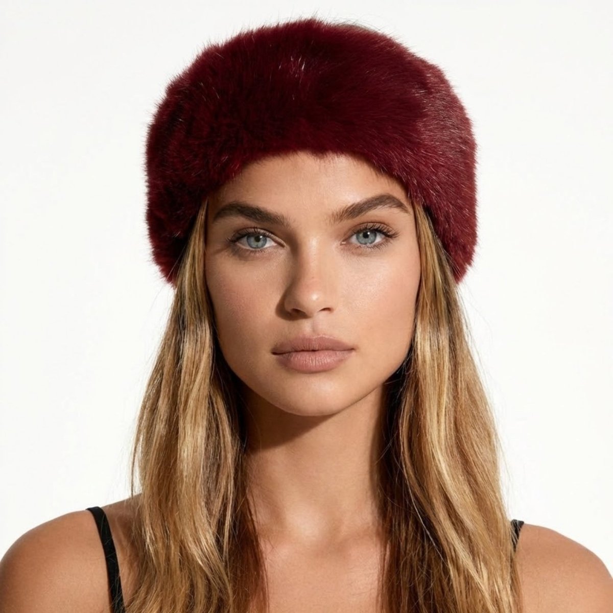Model looking forward wearing the Kouvr Nancie luxe red faux fur headband.
