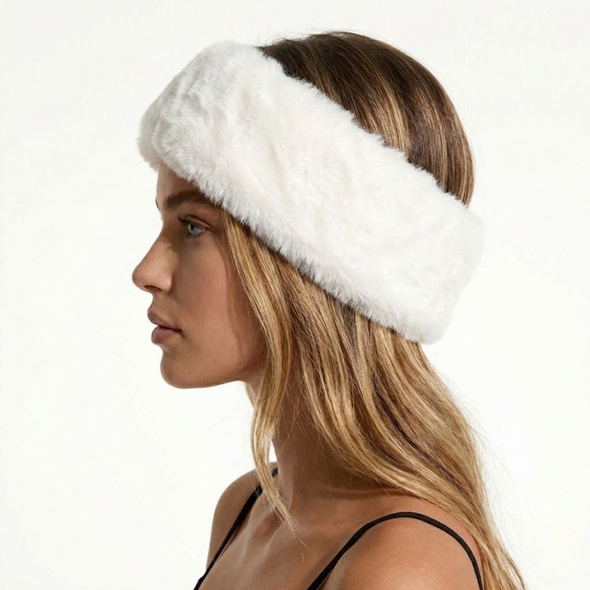 Side profile of a model wearing the Kouvr Nancie plush white faux fur winter headband.