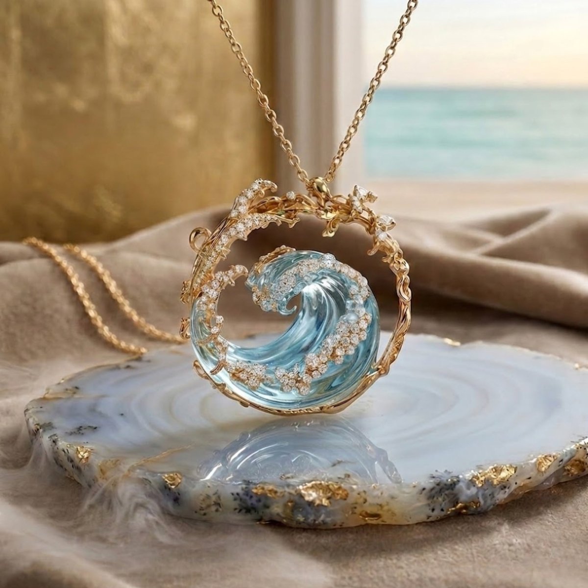 The Kouvr Ocean Wave 18k gold and diamond pendant necklace resting on a blue and gold-rimmed agate slice with an ocean view in the background.

