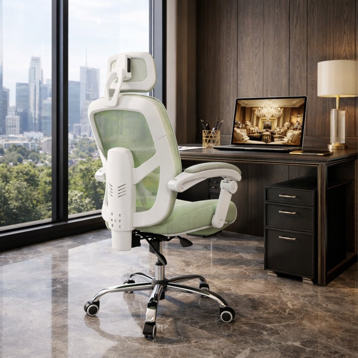 Infographic demonstrating the Kouvr chair's 135-degree recline and lock feature, and the height adjustment lever with a 3.74-inch lift range.