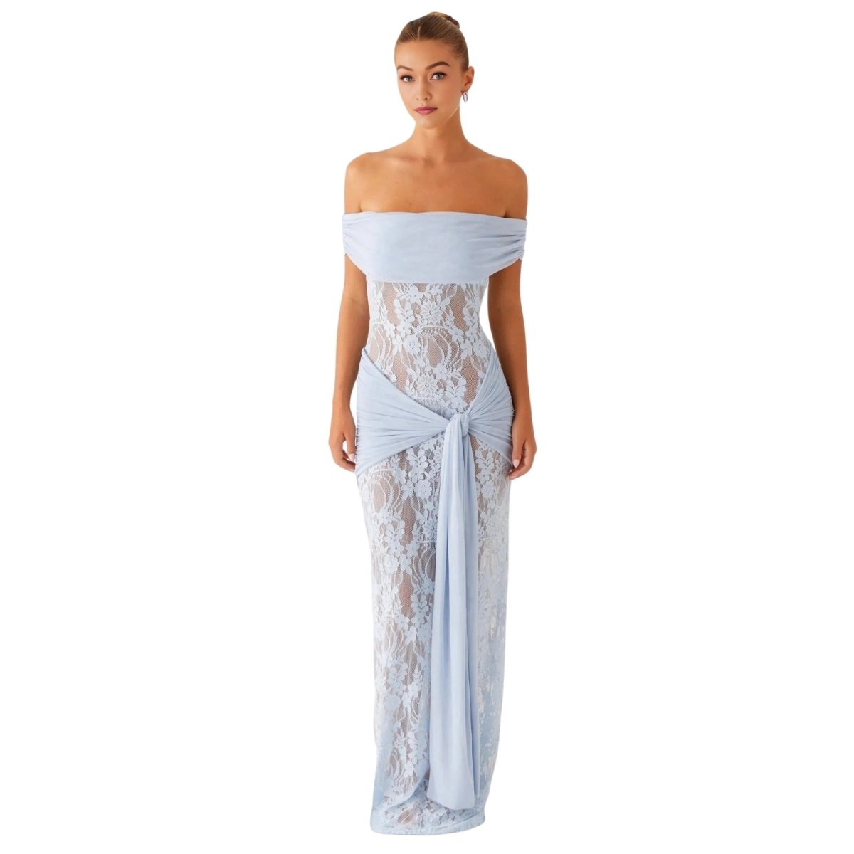 Woman wearing a light blue Kouvr off-shoulder lace gown on a white background