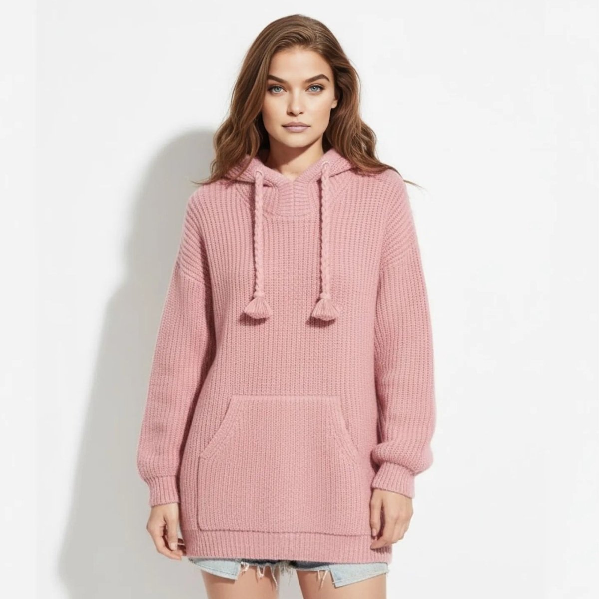 Model wearing the Kouvr oversized chunky knit hoodie in pink, showing the front view with tassel drawstrings and kangaroo pocket. 