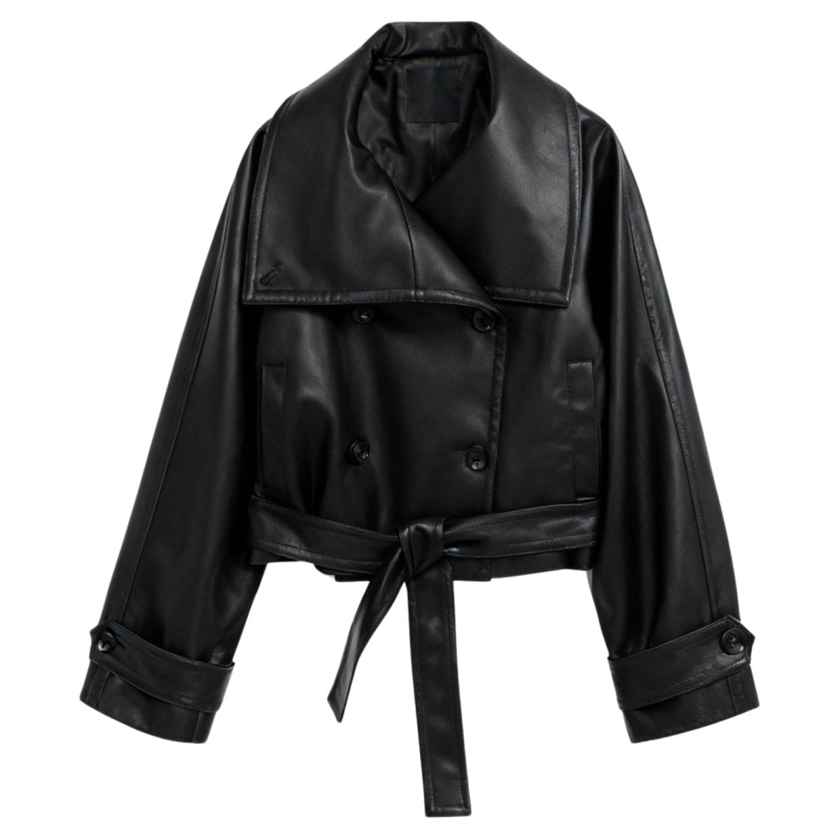 Model wearing Kouvr's black cropped faux leather trench jacket with belted waist